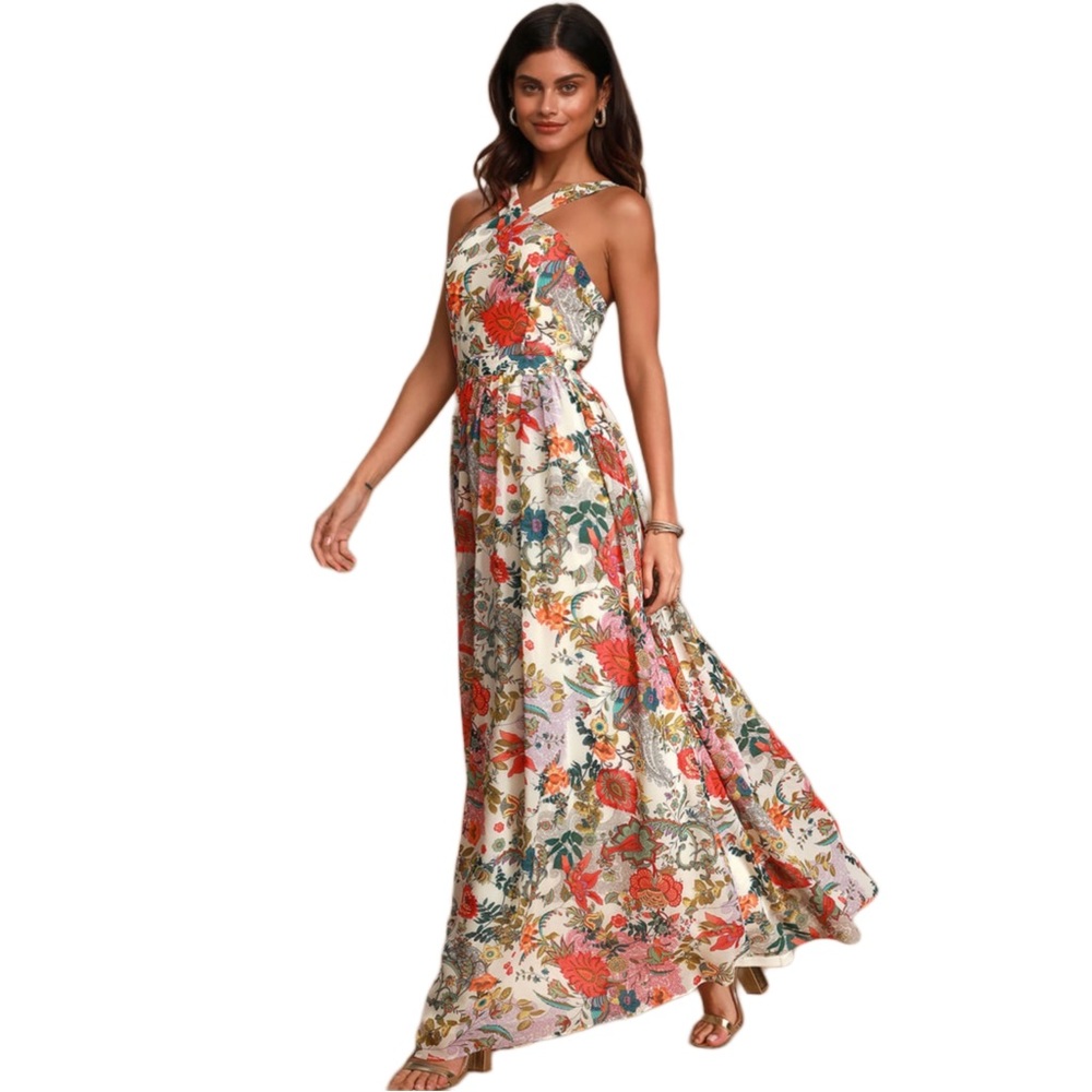 Lila Cream Floral Print Halter Maxi Dress NWT